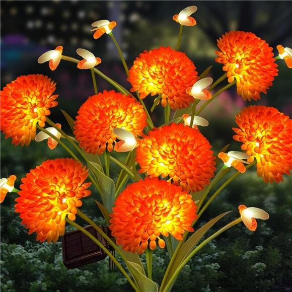 Solar Garden Lights, Newest 4 Pack Swaying Bee Lights with Flowers, Waterproof - Picture 1 of 7
